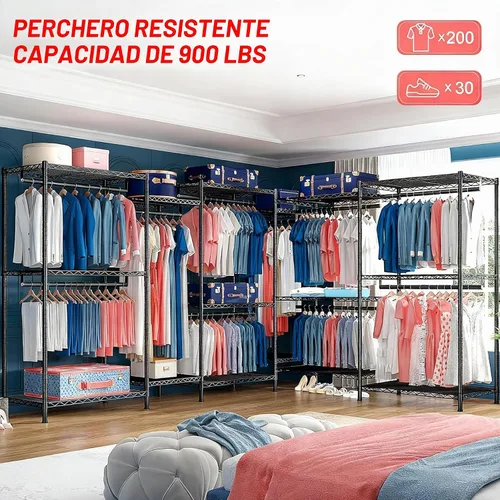 Vista 2 de Raybee Perchero de ropa para colgar ropa, capacidad de 900 libras, armario portátil resistente con 5 barras de suspensión y 8 estantes