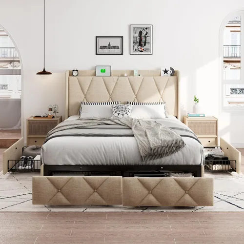 Vista 7 de iPormis - Marco de cama de tamaño matrimonial con 4 cajones de almacenamiento, base de cama tapizada con estación de carga, cabecera de Beige