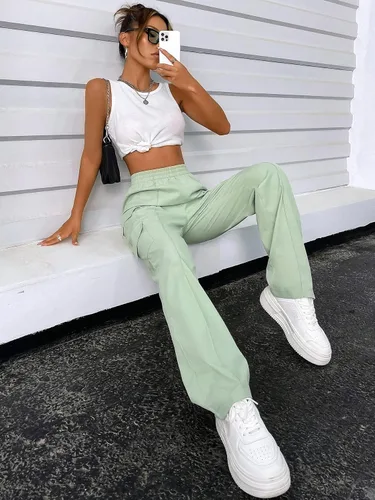 Vista 6 de MakeMeChic Pantalones tácticos para mujer con bolsillo con solapa cintura elástica pantalones tipo cargo