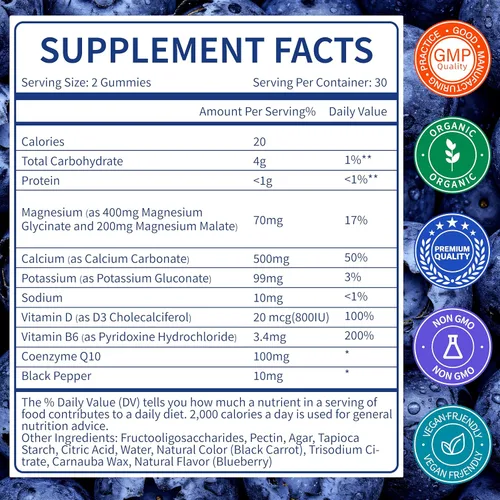 Vista 2 de Gomitas de glicinato de magnesio 400 mg sin azúcar, veganas, masticables para adultos y niños, alta absorción para apoyar el sueño, los músculos