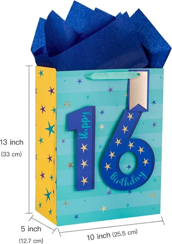 Vista 5 de Loveinside Bolsa de regalo azul de cumpleaños con papel de seda, etiqueta de regalo y tarjeta de felicitación para niños, adolescentes, fiestas