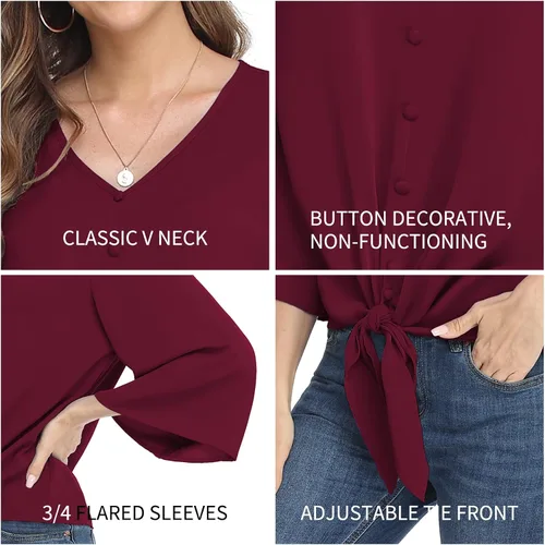 Vista 6 de VIISHOW Blusas de verano para mujer, con botones, cuello en V, de gasa, mangas acampanadas de 3/4, con nudo, casuales 01 Blanco