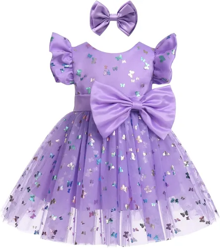 Vista 2 de IDOPIP Vestido tutú de mariposa con lentejuelas para bebé, niña de las flores, primera comunión, boda, fiesta de cumpleaños, vestido con lazo