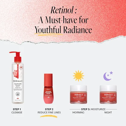 Vista 5 de DERMA E Suero facial, suero de retinol regenerativo antienvejecimiento para cara, 1 onza líquida, vitamina A, bakuchiol, ácido glicólico, extracto