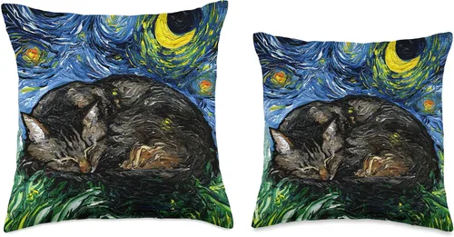 Vista 3 de Sagittarius Gallery Aja Throw Pillow - Arte de noche estrellada de gato marrón durmiendo, 16 x 16 pulgadas, multicolor