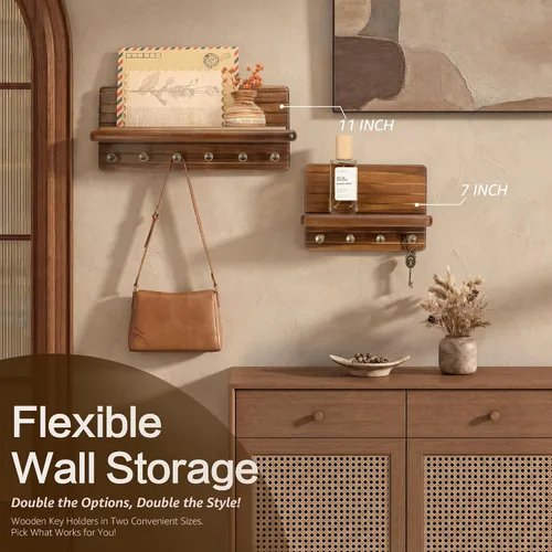 Vista 4 de Rebee Vision Soporte de pared de madera de acacia para decoración del hogar, mini llavero de 7 pulgadas para pared con 4 ganchos resistentes