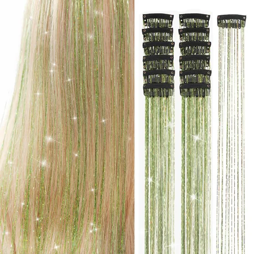 Vista 15 de Ubeleco Kit de oropel para cabello negro de 12 piezas, accesorios de cabello con clip de 52 cm, kit de oropel de pelo de hada para Navidad y Año