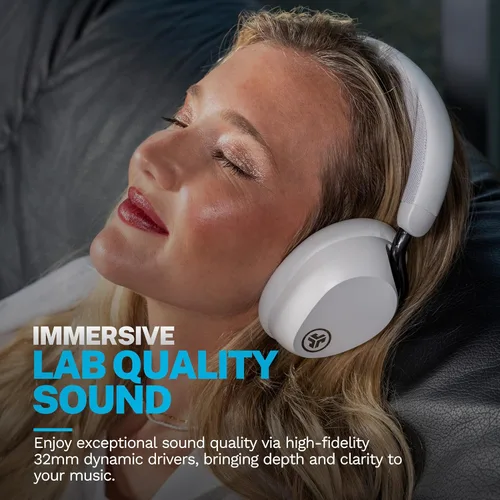 Vista 2 de JLab, Epic Lux Lab Edition, auriculares inalámbricos sobre la oreja, cancelación activa de ruido, audio de alta resolución, blanco nube