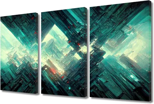 Vista 115 de Arte de pared de 3 piezas de escena de ciencia ficción de la calle comercial futurista paisaje urbano, decoración de pared para dormitorio