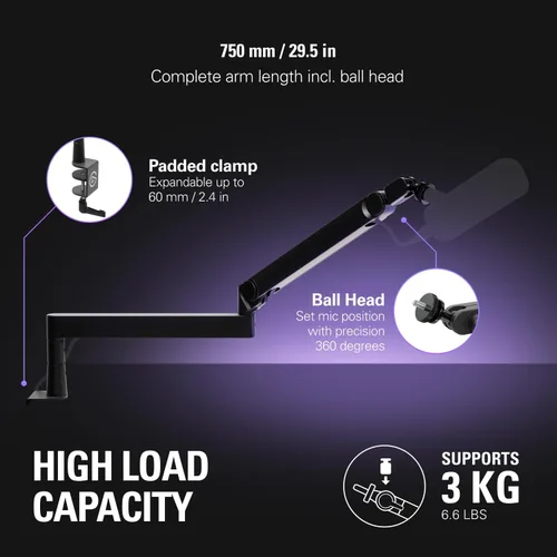 Vista 4 de Elgato Wave Mic Arm Pro - Brazo de micrófono de resorte de gas de perfil bajo giratorio 360°, funciona con micrófonos/Shure SM7B/HyperX