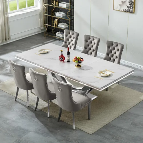 Vista 47 de SSLine Juego de mesa de comedor de mármol sintético blanco de 68 pulgadas