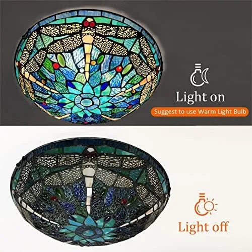 Vista 7 de ARTZONE Tiffany - Lámpara de techo de vitral, 3 luces de 16 pulgadas, lámpara de techo Tiffany de montaje empotrado para dormitorio, comedor, sala