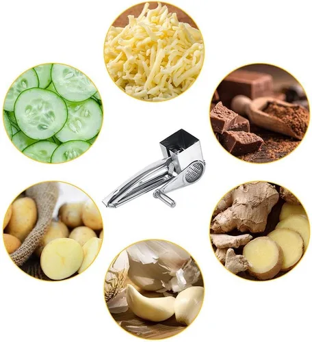 Vista 5 de Rallador de queso, multifuncional para cocina artesanal rotativo de acero inoxidable rallador de queso 1 tambores herramienta de trituración