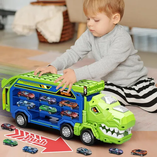 Vista 6 de Juguetes de camiones de dinosaurio para niños de 3, 4, 5, 6, 7, 8 años, juguetes de pista de carreras de camiones transportadores, juguete de coche