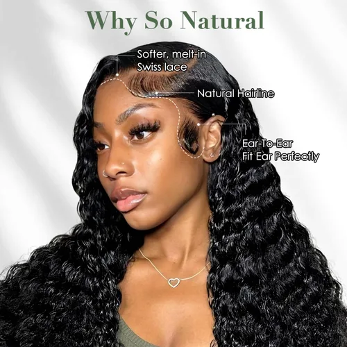 Vista 6 de Wingirl - Pelucas de cabello humano con encaje frontal HD de 13 x 4 pulgadas, prearrancadas con abuelitos 180 Density Brazilian Deep Wave Frontal