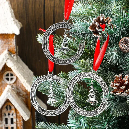 Vista 5 de Jinei 6 adornos de corona de Navidad a granel 2026 de peltre sólido con árbol giratorio de metal para Navidad, regalo decorativo de recuerdo