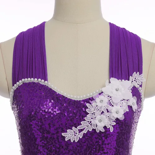 Vista 3 de AFAVOM Vestido de baile con lentejuelas para mujer, con tirantes cruzados, falda de malla fluida, disfraz de baile contemporáneo