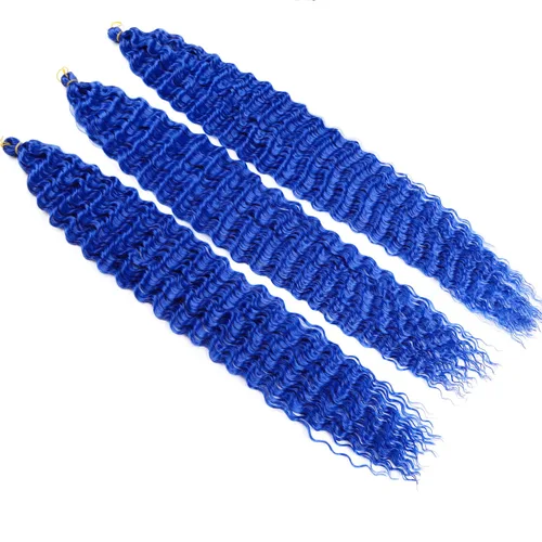 Vista 5 de MAYSA Cabello ondulado de ganchillo azul, cabello ondulado con ganchillo para mujer, extensiones de cabello sintético de onda profunda de 22