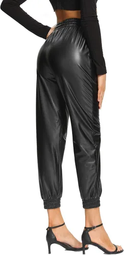 Vista 6 de V VOCNI Pantalones deportivos de piel sintética de cintura alta con control de abdomen grueso, adelgazantes, elásticos, color negro
