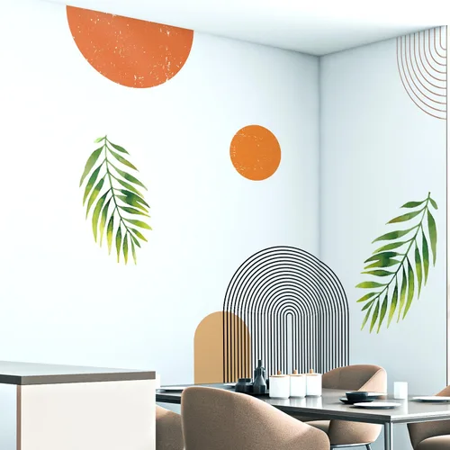 Vista 6 de Calcomanías de Pared Bohemias de Mediados de Siglo Modernas Despegar y Pegar, Pegatinas de Vinilo de Pared de Arcos Grandes Sol, Hojas Plantas