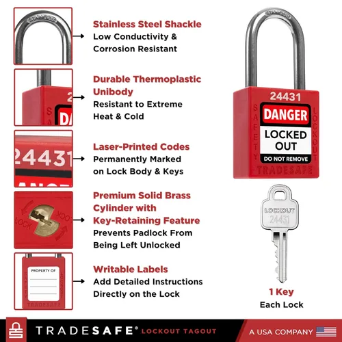 Vista 3 de TRADESAFE Juego de cerraduras de bloqueo - 7 cerraduras de loto rojas, cerraduras de bloqueo con llave diferente, 1 llave por cerradura, candados