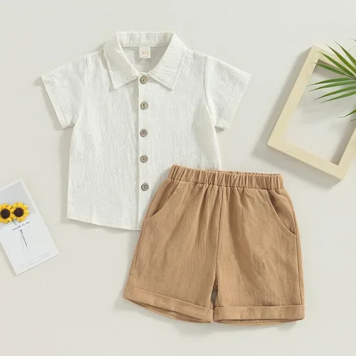 Vista 2 de Karuedoo Conjunto de 2 piezas de ropa de algodón y lino de manga corta con botones y pantalones cortos para el verano A-beige Marrón