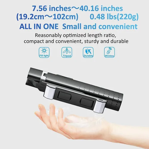 Vista 4 de Trípode Cuadrápode para Palo de Selfie de 41" con 2 Luces de Relleno Recargables, Trípode Extensible con Control Remoto Bluetooth, Acero Inoxidable
