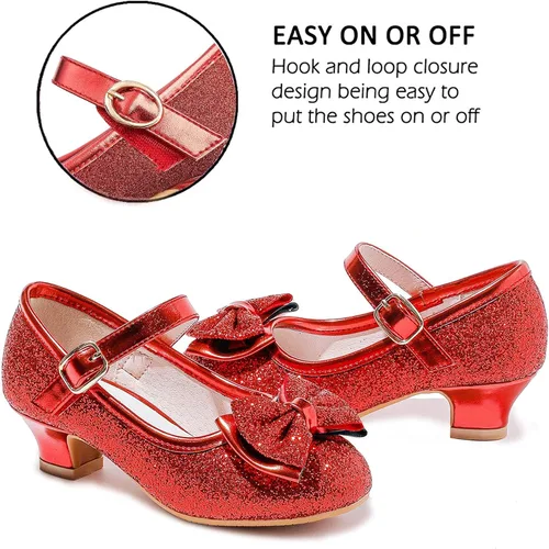 Vista 4 de Walofou Zapatos de vestir para niñas de flores, zapatos de tacón para fiesta de boda, zapatos planos de princesa Mary Jane para niños pequeños