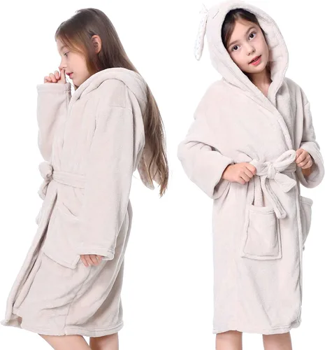 Vista 6 de Kimono largo con capucha y forro polar suave para niña, bata de baño cómoda para niños