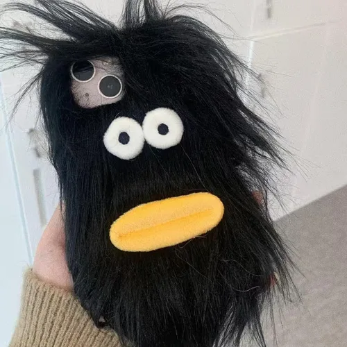 Vista 2 de Funda de teléfono de felpa negra para iPhone 11, linda funda DIY de pelo largo con cara divertida y abrigada, funda protectora de invierno