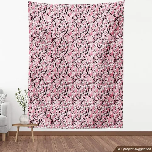 Vista 4 de Ambesonne Tela japonesa de The Yard, flores japonesas de árbol Sakura en paraguas y ramas curvas, arte romántico de flores, tela decorativa
