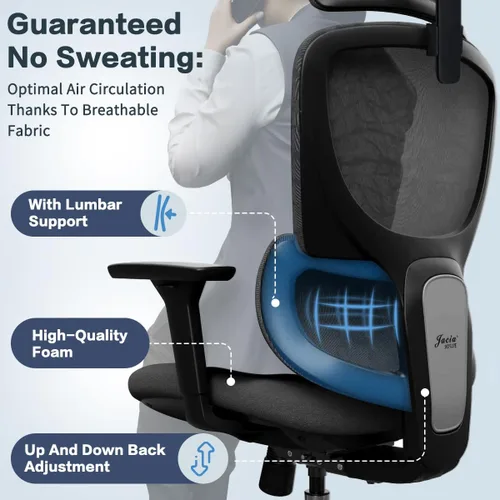 Vista 7 de Jacia House Silla ergonómica de malla negra para oficina en casa, silla de juegos grande y alta, soporte lumbar de alto ajuste, reposabrazos 4D