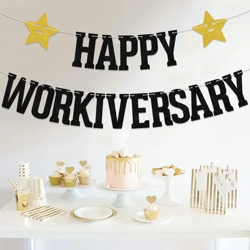 Vista 4 de Cartel con texto en inglés «Happy Workiversary», decoración de fiesta de aniversario de trabajo, oficina, aniversario, fiesta, suministros de Negro