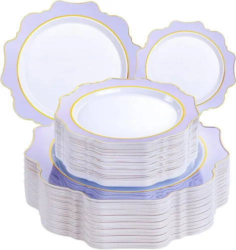 Vista 18 de WDF 100 piezas de platos de plástico azul - Platos desechables azul claro - Platos de plástico con borde festoneado resistente