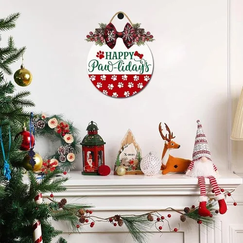 Vista 5 de Decoración de puerta de Navidad con texto en inglés «Happy Pawlidays» para puerta delantera, corona de Navidad, letrero colgante de madera rústica M1