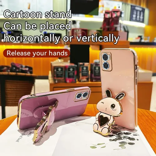 Vista 5 de Funda de silicona compatible con Motorola E22 con lindo soporte de conejo de dibujos animados para Motorola E22 Slim TPU galvanizado antihuellas 1