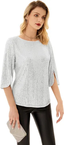 Vista 4 de Blusa de fiesta con lentejuelas brillantes para mujer, con purpurina brillante y manga 34 con abertura