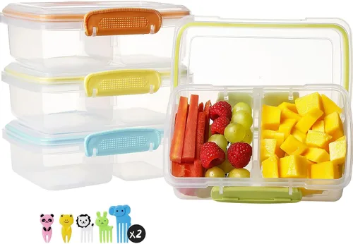 Vista 8 de Paquete de 4 recipientes de plástico para aperitivos con tapas, contenedor de alimentos de 2 compartimentos para caja de aperitivos para niños