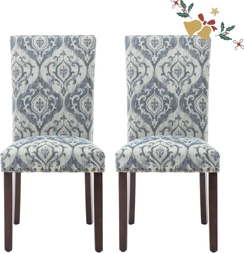 Vista 33 de Juego de 2 sillas tapizadas de tela para comedor, sillas de cocina estilo Parsons con ribete de cabeza de clavo y patas de madera - Beige