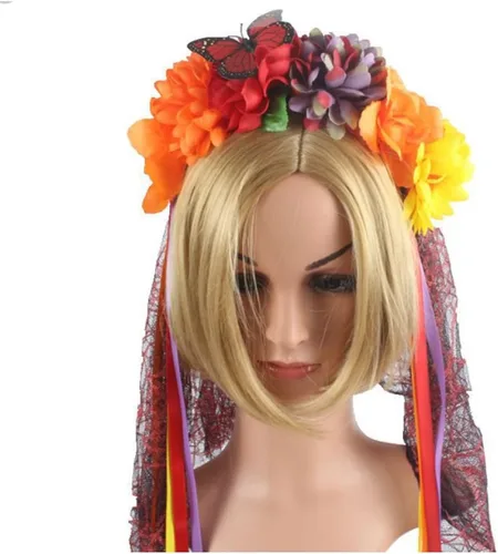 Vista 2 de Naisicore Velo negro para Halloween, velo negro, Halloween, corona de flores mexicanas, disfraz de fiesta Día de los Muertos Día de los Muertos NC12