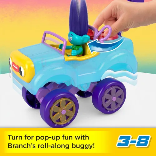 Vista 2 de Fisher-Price Imaginext DreamWorks Trolls Toys Branch's Buggy, Push Along Car & Figure Playset para juegos de simulación para niños a partir de 3 años