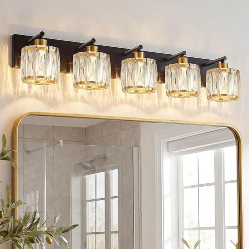 Vista 31 de VOLISUN Luces de Tocador de Cristal - 2 Luces Modernas de Acero Inoxidable para Baño Sobre Espejo, Acabado Cromado - Certificado UL