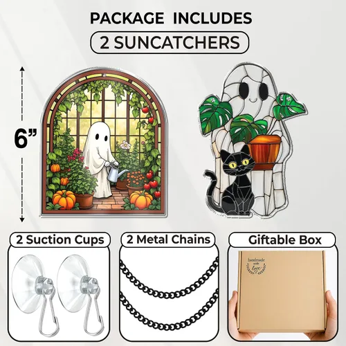 Vista 6 de 2 bonitos atrapasoles de decoración de Halloween, 6 pulgadas, espeluznante planta fantasma, para colgar en la ventana, fantasma con gato negro