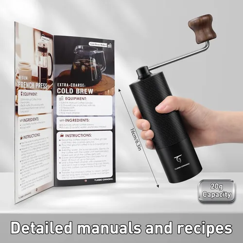 Vista 5 de SUNYA Molinillo de café manual con rebabas cónicas de acero inoxidable. Molino de grano de café de mano de carcasa de aluminio con ajustes MCG-02
