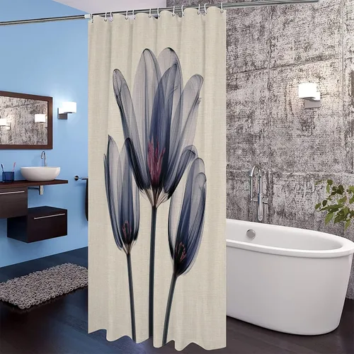 Vista 9 de Cortina de ducha, diseño abstracto transparente de tulipán, de algodón y lino con textura de tulipán, juego de cortina de ducha impermeable con 12