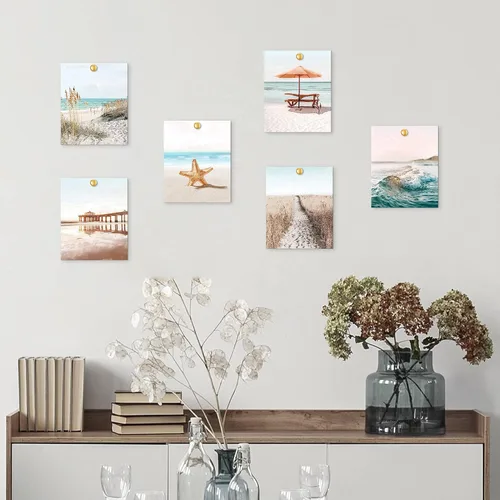 Vista 7 de Juego de 6 impresiones costeras para pared, diseño estético junto al mar, estrellas de mar, arena, paseo marítimo, olas del océano, pósteres