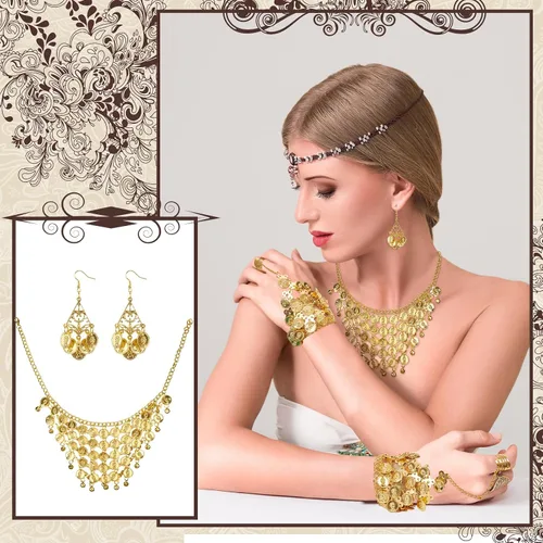 Vista 6 de Panitay 1 juego de disfraz gitano para mujer, bufanda para la cabeza, bufanda de cadera con monedas, aretes de danza del vientre, collar, pulsera