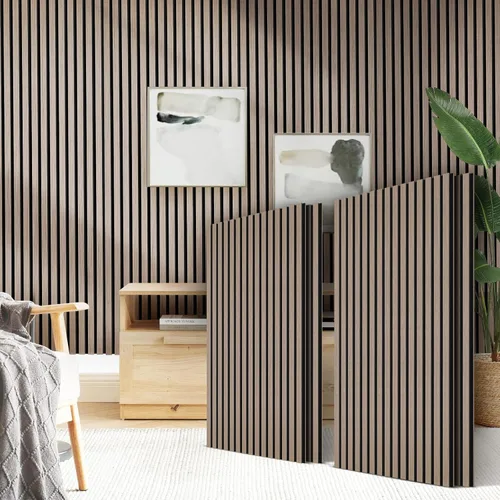 Vista 10 de Paneles de pared acústicos autoadhesivos, paneles acústicos a prueba de sonido de listones de madera para decoración de pared interior, paquete de 4