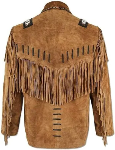 Vista 2 de Chaqueta de cuero de ante 100% auténtico, estilo occidental, para la venta, abrigo nativo americano con flecos
