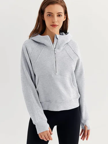 Vista 2 de WYNNQUE Sudadera corta con capucha para mujer, manga larga, forro polar, media cremallera, ropa de otoño